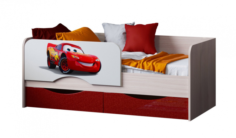 Детская кровать Юниор-12 (1,6 м) МДФ Тачки Красный металлик / Ясень шимо светлый в Великом Новгороде - картинка